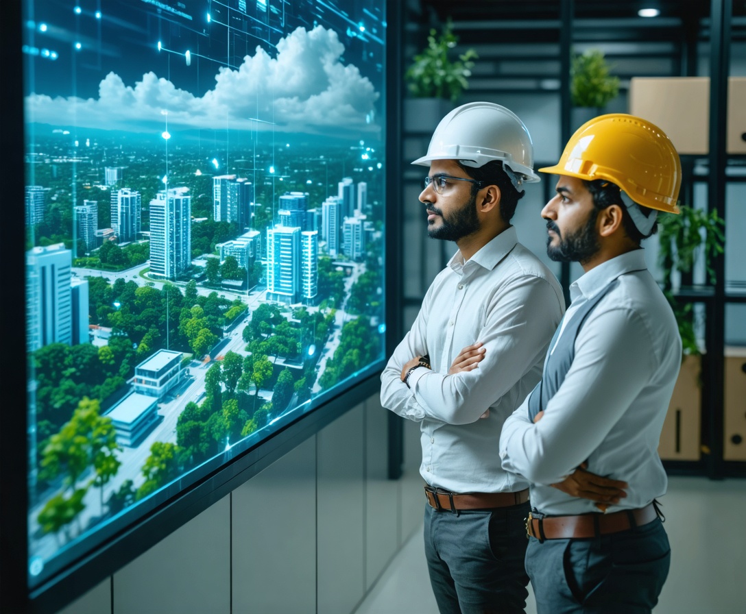 Two engineers in a modern sustainable office looking at blueprints