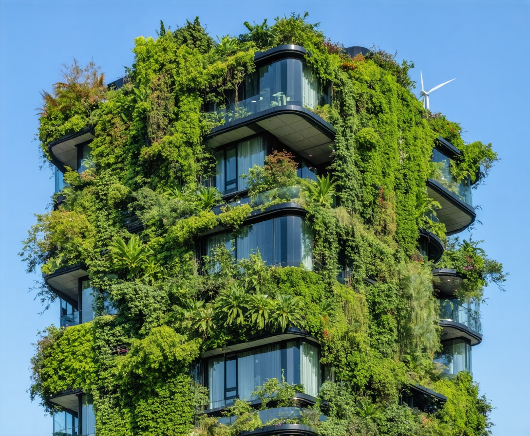 A modern skyscraper in Mumbai covered in lush vertical greenery