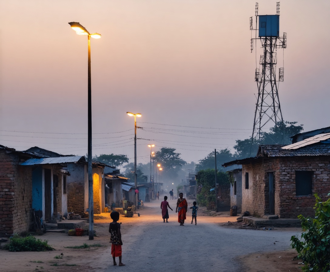 A warm, lit village at dusk powered by solar energy