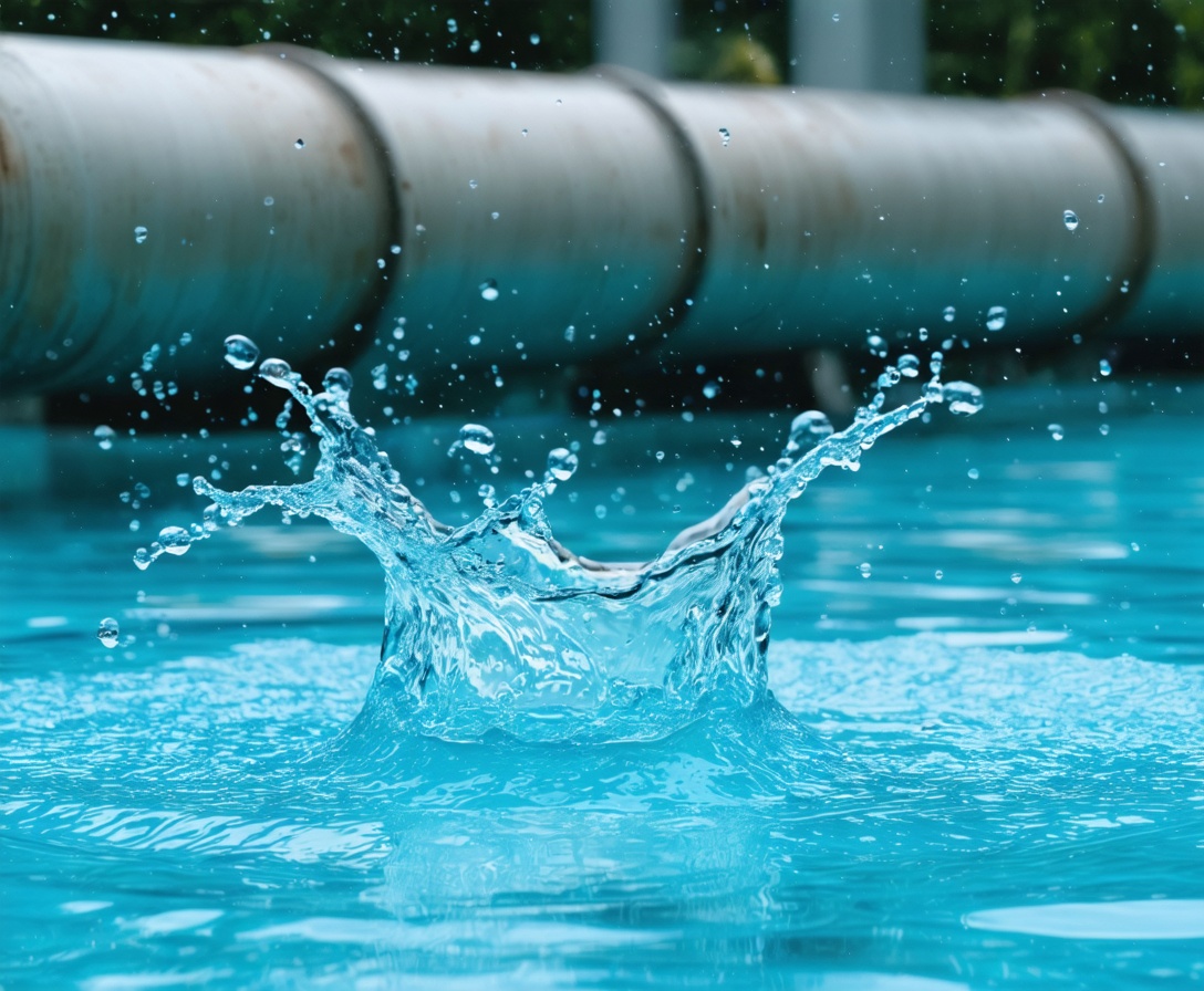 A clean water droplet falling into a high-tech filtration pool